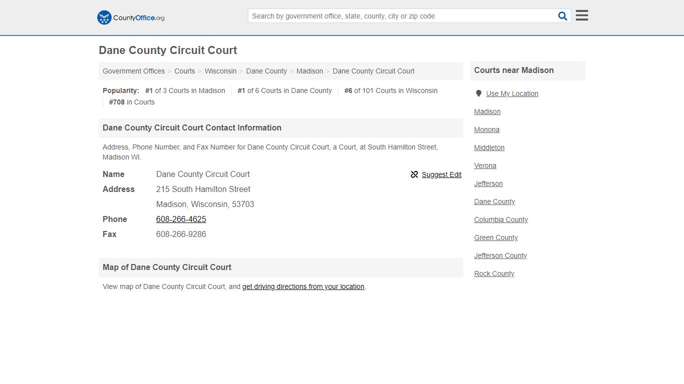 Dane County Circuit Court - Madison, WI (Address, Phone, and Fax)